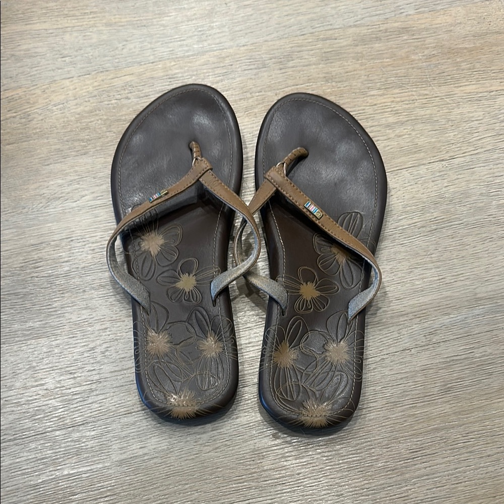 Brown and Tan Floral Flip Flops